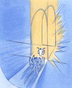 祭壇の前に立つ私たちは、神ご自身によってここに集められました。私たちは彼の輝かしい友情、2002年の真っ只中のキリストに住んでいます（紙にw - c） 作： Elizabeth Wang