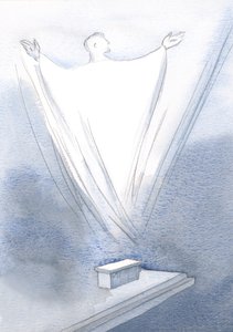 キリストが私たちの一つの祈りを祈るとき、2000年に父に手を差し伸べて、なんと巨大な供物が私たちの小さな祭壇から昇るのか（紙にw - c） 作： Elizabeth Wang