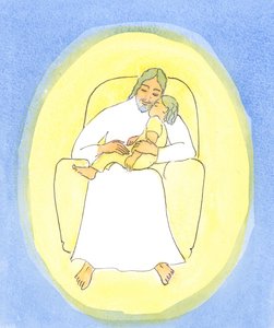 キリストの友人が聖体拝領で彼を受け入れるが、病気で疲れて祈ることができないとき、彼女はキリストが病気の子供を抱くのと同じように、キリストが彼女を愛情深い世話で「抱きしめている」と確信することができます。 作： Elizabeth Wang