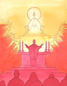 司祭と人々がすべてミサで同じ方向を向いているとき、彼らは皆一緒に、父に向かって、キリストを通して彼を賛美するために見ています。、2004年（紙にw - c） 作： Elizabeth Wang