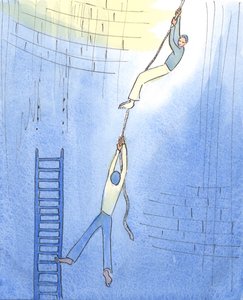 誰かが危険にさらされている人のために執り成しをしているとき、それはまるで誰かが自分をロープに吊るして坑道に降ろし、壊れたはしごに閉じ込められた人を救助することを許可するかのようですw 作： Elizabeth Wang