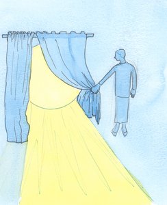 誰かが神に熱心に注意を向けて祈るとき、そして熟考の中で神によって「高く」持ち上げられるとき、それはまるで彼女が天国の光を遮ったカーテンを脇に置いているかのようです、2003年（紙にw - c） 作： Elizabeth Wang