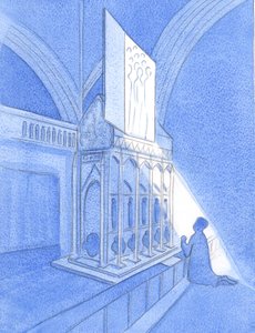 私たちが神とその聖人を称えるとき、教会、遺物、殉教、習慣によって神聖にされた神社で、聖人たちは私たちを助ける喜びのために「歓喜」します、2002年（紙にw - c） 作： Elizabeth Wang