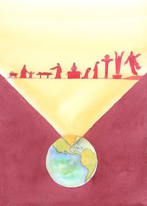 ミサが祝われるところはどこでも、存在する人々はキリストの贖いの仕事の全体に存在し、地上での彼の人生の間に達成され、2004年の十字架での彼の死を含みます（紙にw - c） 作： Elizabeth Wang