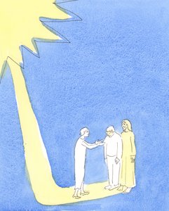 貧しい隣人に出席するために祈りを放棄することをいとわない人は誰でも、彼女が助けを求めて手を差し伸べるとき、愛と感謝をもって見つめるキリストに手を差し伸べます、2004年（紙にw - c） 作： Elizabeth Wang