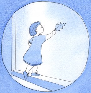 畏敬の念と愛を込めて祈りを捧げる人は誰でも、信頼と喜びをもって祖父にかわいらしい葉をもたらす子供のようなものです。2002年（紙にw - c） 作： Elizabeth Wang