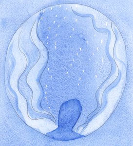 私の心の中では、「困っている」人々は炎の中の火花のようであり、神に昇る祈りの炎に巻き込まれています。、2001年（紙にw - c） 作： Elizabeth Wang