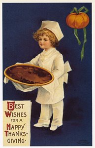 感謝祭：料理人に扮した子供が伝統的な料理を披露しているグリーティングカード 作： Ellen Hattie Clapsaddle