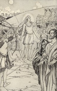 それぞれの矢は彼の頭を撃ちました、「多くの土地からの神話」からのイラスト、1912年に出版されました 作： Elmer Boyd Smith