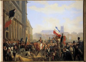 1830年7月の革命。オルレアン公ルイ・フィリップ（フランス王ルイ・フィリップ1世となる）（1773-1850）王国中将がパリ市庁舎に到着したのは7月31日。 作： Eloi Firmin Feron