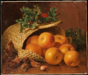 リンゴ、ヘーゼルナッツ、ホリーのある静物、1898 作： Eloise Harriet Stannard
