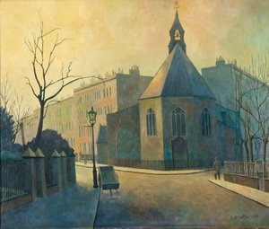 ストリート シーン、洗礼者ヨハネ教会、北ロンドン 作： Elwin Hawthorne