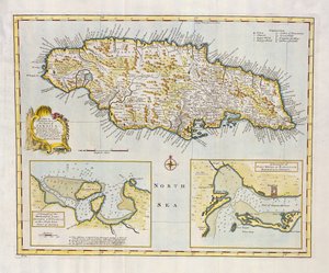 主要な教区に分割されたジャマイカ島の地図 1760 年頃 (手描きの彫刻)