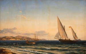 地中海の夜。 背景にマルセイユとイフ島 作： Emanuel Larsen