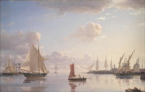 Langelienie から、コペンハーゲンの Nyholm にある王立海軍造船所への眺め。 朝の光 作： Emanuel Larsen