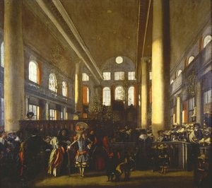 Interieur de la synagogue portugaise a Amsterdam - アムステルダムのポルトガル・シナゴーグの内部』ウィッテ、エマニュエル、デ（1616/17-1692）作。油彩・キャンバス、1680年頃。イスラエル博物館、エルサレム 作： Emanuel de Witte