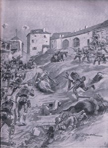 1914年8月、ラガルドのアシャッフェンベルク第2バイエルン猟兵大隊（『図説 世界大戦の歴史1914-1915』（Union Berlagsefellfchaft）より 作： Emil (after) Limmer