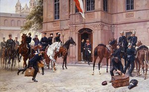 1870年、セダンの戦いに出発するヘッセン・ダルムシュタット皇太子ルートヴィヒ4世がヴォルムスのシュロッシェン前でコーネリアス・ハイルに別れを告げる場面（油彩・キャンバス） 作： Emil Huenten