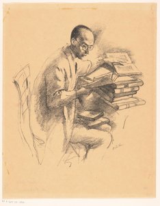 本でいっぱいの机の後ろにいる男 作： Emil Orlik (signed by artist)