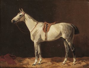 馬小屋で待つ鞍の乗った灰色の馬 作： Emil Volkers