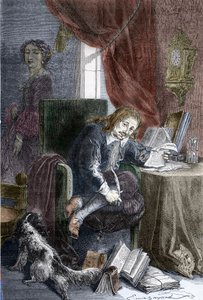 バーレスク コメディのフランス人作家ポール スカロン (1610-1660) の肖像画、彼は無効な椅子に表され、彼の妻フランソワーズ ドービーニュ (後にメンテノン侯爵となった) (1635-1719) は彼の後ろの影に立っています。 - の肖像