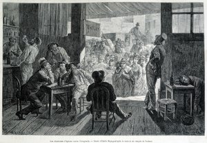 女人禁制のバーの前で、アルコール依存症に対抗して酔っぱらいに賛美歌を歌う女たちのグループ 作： Emile Antoine Bayard