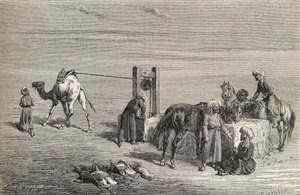 チャールズラプランテ（d.1903）によって彫刻された「手の中の世界」からのイラスト、1878年に出版されたサマルカンドとウズベキスタンのカルシの間の砂漠にある井戸
