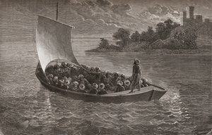 1863年にカスピ海を航行するアルミニオヴァンベリーとその仲間たち、ガシャールによって刻まれた「手の中の世界」のイラスト、1878年公開 作： Emile Antoine Bayard