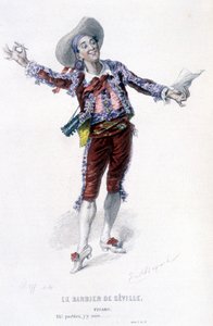エドゥアール・フルニエによるボーマルシェ（1732-1799）の全作品。エミール・バヤールによるドローイング。エド。Laplace, Sanchez et Cie, Paris 1876年。これは「セビリアの理髪師」のフィガロです。 作： Emile Antoine Bayard