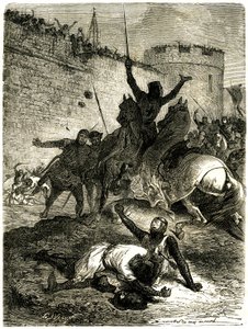アルビジョワとの十字軍 - トゥールーズの包囲、1218年6月25日。シモン・ド・モンフォールの弟が矢で負傷したばかりで、シモン・ド・モンフォール自身も、トゥールーズの女性の一人が投げたカタパルトの玉で殺されようとしている。 作： Emile Antoine Bayard