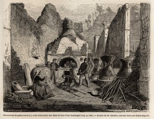 1864年のポンペイでの発掘作業中にパン屋のオーブンで発見され、灰の中に保存されていたパン。マルク・モニエ（1829-1885）のテキスト「ポンペイとポンペイ人」を説明するために、エミール・バイヤール（1837-1891）が描いたもの。ル・ツアー・デュ・モンド "に掲載された版画。 作： Emile Antoine Bayard