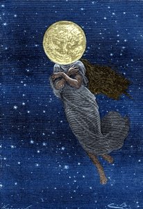 ジュール・ヴェルヌの著書『月周回』（ヘッツェル版／Voyages extraordinaire 1870年）のエングレーヴィング（エミール・バイヤール作）。若い女性の体で描かれた月の説明（文：J. Verne）。"...詰め物をした表面、ひび割れた、本物のスキマー、uの価値がある。 作： Emile Antoine Bayard