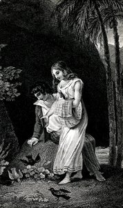 ジャック・アンリ・ベルナルダン・ド・サンピエール（Jacques Henri Bernardin de Saint-Pierre）の小説の19世紀後半の版を示すエングレーヴィング。ポールとヴィルジニー森の中の恋人同士の若いカップルの近くには、鳥たちが恐れることなく舞い降りてくる。ドローイングB 作： Emile Antoine Bayard