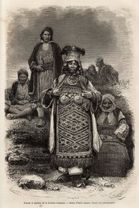 ルーマニア辺境の農民たち、1867年にギヨーム・ルジャンが行ったブルガリアへの旅を描いたエミール・バヤールの絵をもとにしたエングレーヴィング、1873年にエドゥアール・シャルトンが編集した「Le tour du monde」に掲載されたもの、アシェット版、パリ。セ 作： Emile Antoine Bayard