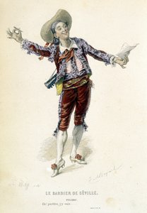 ボーマルシェの作品集（Oeuvres completes de Beaumarchais）の "Le barbier de Seville "の中のフィガロ。Laplace Sanchez & cie, Paris 作： Emile Antoine Bayard