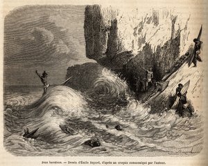 ハワイアンゲーム、オアフ島のモカプウの断崖で、住民は大好きなサーフィンの練習をして気を紛らわせていました、1855年から1869年のサンドウィッチ諸島への航海を描いたエミール・バヤールの絵の後に彫られたものです。 作： Emile Antoine Bayard