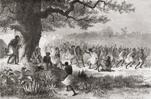 1871年の遠征中に戦いの準備をしているVouagogos部族を見ていたHenry Morton Stanley、「The World in the Hands」のイラスト、1878年公開 作： Emile Antoine Bayard