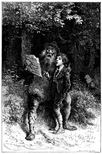Emile BayardがHector Malotの小説 "Sans Famille "のために描いたイラスト。レミはムッシュ・ヴィタリスと一緒に歌います。旅するアーティスト、ストリートミュージシャン、ソルティンバンク、Edition Hetzel 1880 作： Emile Antoine Bayard
