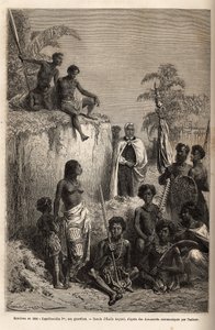 ハワイ諸島の王であり、その部隊の創設者であるカメハメハ1世（1758年頃～1819年）が、ホノルルでハワイの戦士や一部の臣下を取り囲んでいる様子。1855年～69年に行われたサンドイッチ諸島への航海を描いたエミール・バヤールの図面に基づくエングレーヴィングで、C 作： Emile Antoine Bayard