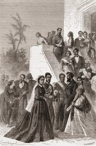 アンリテオフィルヒルディブランド（1824-97）によって彫刻された「手の中の世界」のイラストが描かれたカメハメハ5世と家族のイラスト、1878年発行 作： Emile Antoine Bayard