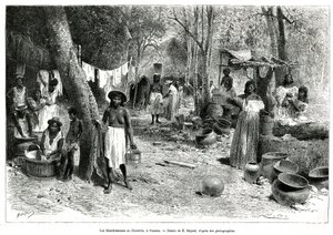 Les blanchisseuses au Chorillo, Panama, E.BAYARDの図面に基づくエングレーヴィングで、1876年から1878年にかけて船の中尉であったA.RECLUSが行ったパナマとダリエンの島での探検の物語を説明するためのもので、tour du monde誌に掲載された。 作： Emile Antoine Bayard