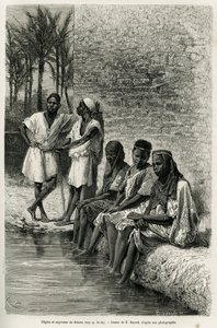 Oued Rihrのほとりにいるサハラのネグレスとネグレスたち。1874年から1878年にかけてV.Largeauがアルジェリアのサハラ砂漠を描いた際にE.Bayardが描いたもので、Edouard Charton（1807-1890）の指揮の下、Tour du monde誌に掲載された。 作： Emile Antoine Bayard