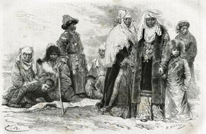 貧しいキルギス人と豊かなキルギス人の女性。1876年から1878年の間に、エドゥアール・シャルトンが指揮したツアー・デュ・モンドに参加したマリー・ドゥ・ユファルビー＝ブルドンが、オレンブルクからサマルカンドまでの旅の印象を描いたエミール・バイヤールの版画。 作： Emile Antoine Bayard