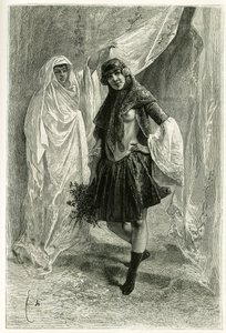 ペルシャの王女ジバ・カヌームの肖像。1881年から1882年にかけて、ジェーン・ディウラフォイ（旧姓マグレ）が執筆した物語「ペルシャ、カルディ、スシアネ」を説明するために、E.BAYARDが写真をもとにして描いた版画。 作： Emile Antoine Bayard