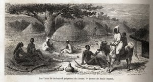 ウガンダでトルコ人商人のために象牙を準備する様子。1860年から1863年にかけてのスペーク船長のアフリカ発見の航海を描いたエミール・バヤール（1837-1891）の絵。エドゥアール・シャルトン編集の「Le tour du monde」に掲載されている図版 作： Emile Antoine Bayard