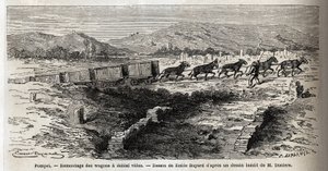 マルク・モニエ（1829-1885）のテキスト「ポンペイとポンペイ人」を説明するためにエミール・バイヤール（1837-1891）が描いた、1864年のポンペイでの発掘作業中の空の荷車の再編成。エドゥアール・シャルトン編集の「世界旅行」に掲載された図版 作： Emile Antoine Bayard