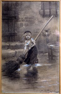 裸足で掃除をするコゼットを表現したもの。ヴィクトル・ユーゴー(1802-1885)の『ミゼラブル』の挿絵、エミール・バイヤール(1837-1891)作 19世紀パリ、メゾン・ヴィクトル・ユーゴー