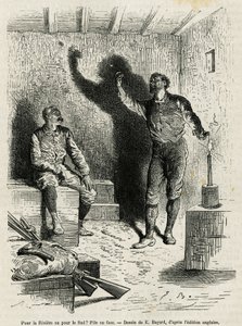 アンリ・モートン・スタンレー卿（1841-1904）と探検仲間のフランク・ポックは、エミール・バイヤールが描いた旅の行程表の山や面を決めて、「不思議な大陸を通って」（赤道アフリカ）という航海物語の挿絵にしたものです。