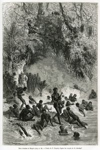 カラグエ地方（カメルーン）の入浴者の中にいるアンリ・モートン・スタンレー卿（1841-1904）。