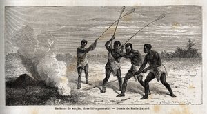 ソルガムきびのドラマー、ウニャムエジ（アフリカ、五大湖地域）、エミール・バヤール（1837-1891）のデッサン、1860年から1863年にかけてのスペイク船長のアフリカ発見の旅を描いたもの。エドゥアール・シャルトン編集の「Le tour du monde」に掲載されている図版 作： Emile Antoine Bayard